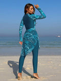 Buy SHEIN Swim Shayni Marble Print Zip Front Burkini With Beach Skirt Summer in Pakistan