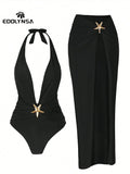 Buy SHEIN Swim Summer Beach 2 Packs Starfish One Piece Swimsuit & Bustle High Split Long Skirt 2 Pcs Set in Pakistan