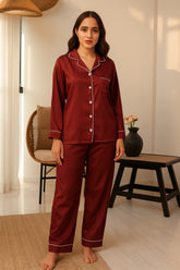 Buy Florea Silk Pajama Set With Scrunchie - Maroon in Pakistan