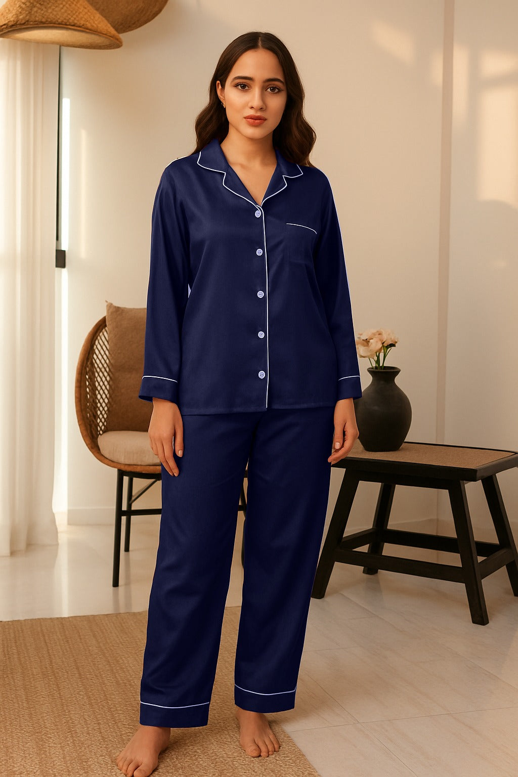 Buy Florea Silk Pajama Set With Scrunchie - Navy Blue in Pakistan