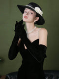 Buy SHEIN Women's Black Gold Velvet Gloves Extended Retro Evening Dress Wedding Dress Etiquette Decoration Warm Velvet Cloth Gloves in Pakistan