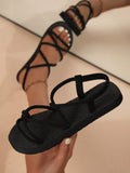 Buy SHEIN Women's Flat Sandals, Black Satin Cross Strappy Sandals With Suede-Like Rope Decoration, Simple Casual Style Perfect For Summer, Open Toe, Braided Soles, Vacation Style in Pakistan