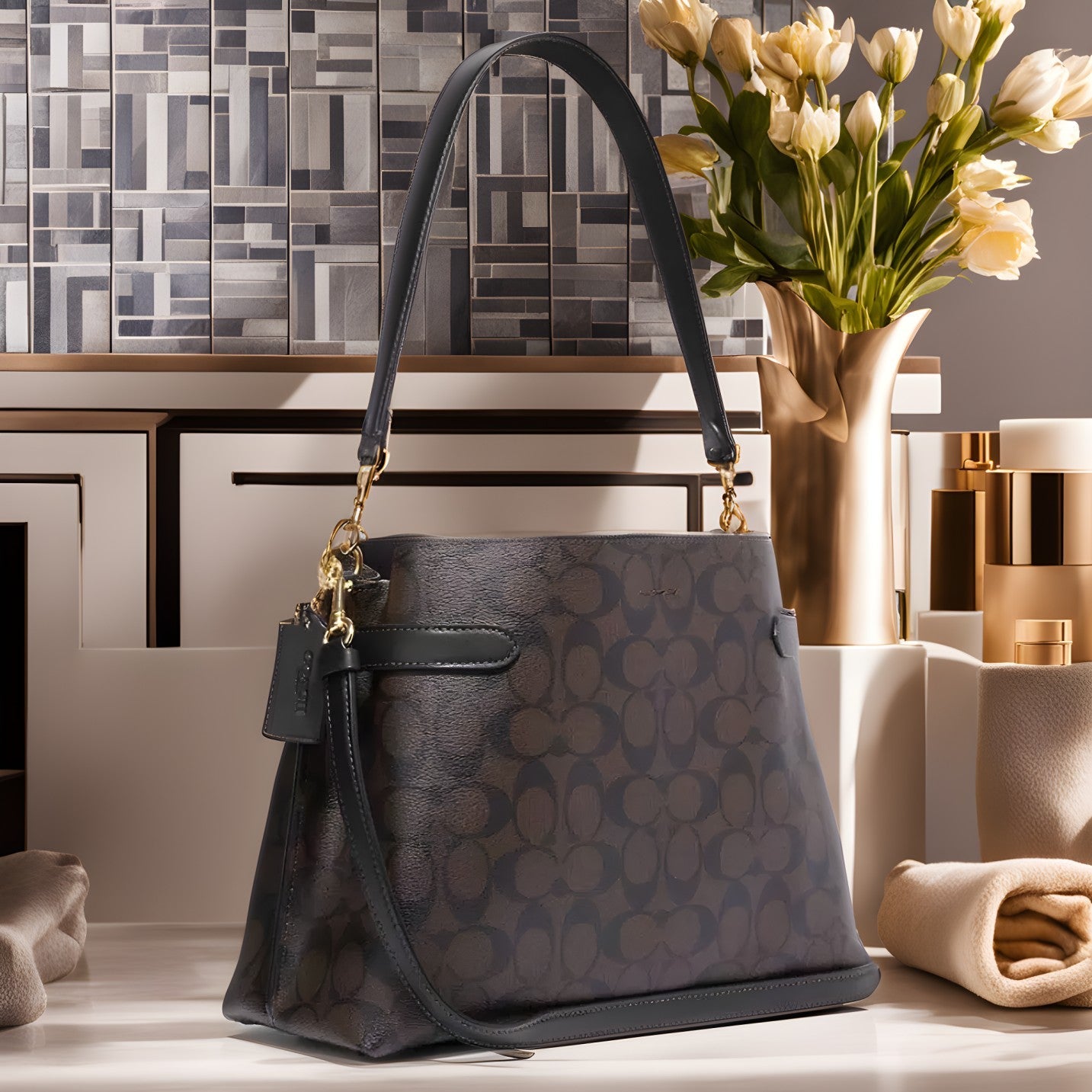 Buy Coach Hanna Shoulder In Signature Canvas Small Bag - Gold Brown Black in Pakistan