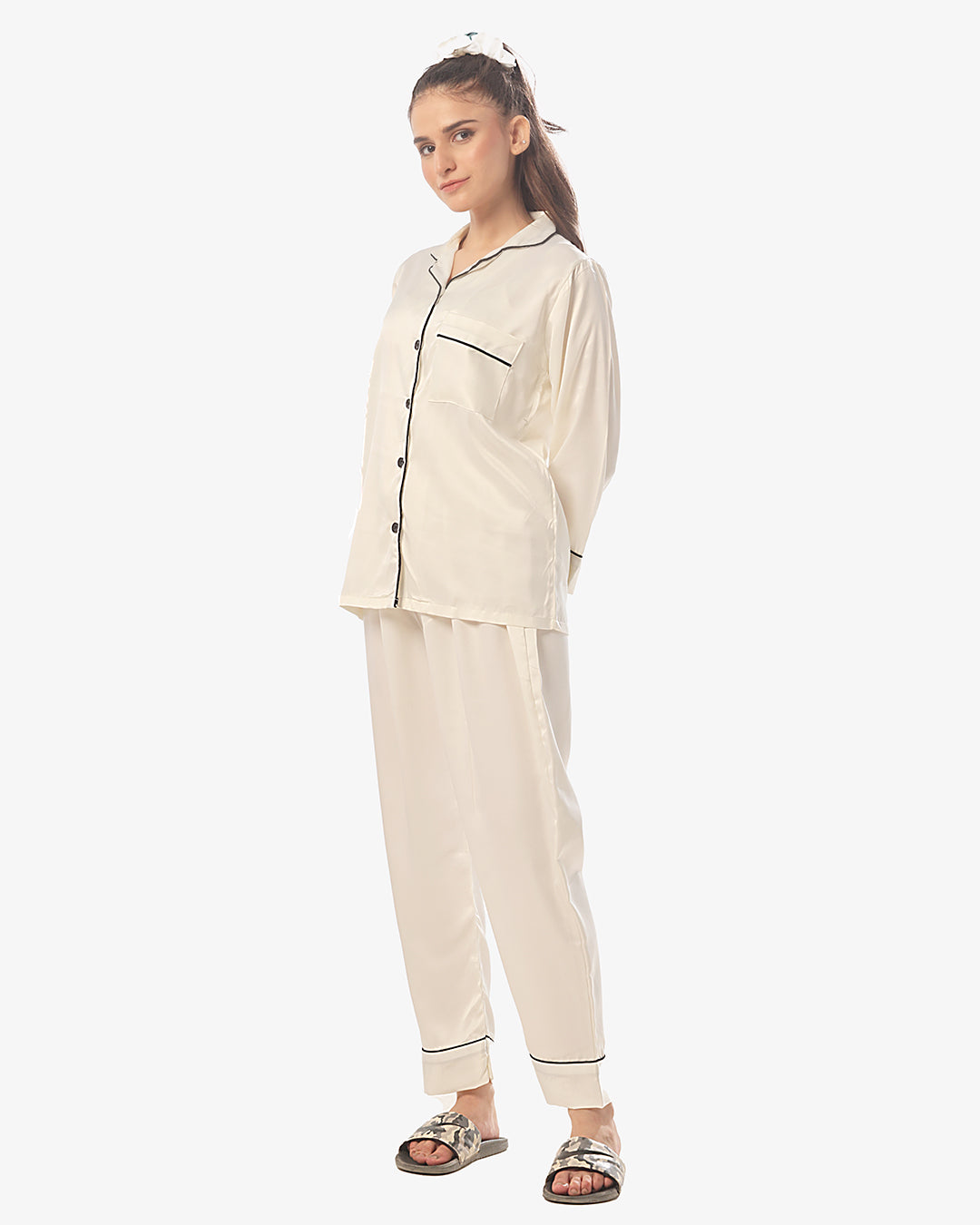 Buy Silk Pajama Suit with Scrunchie - Pearl in Pakistan