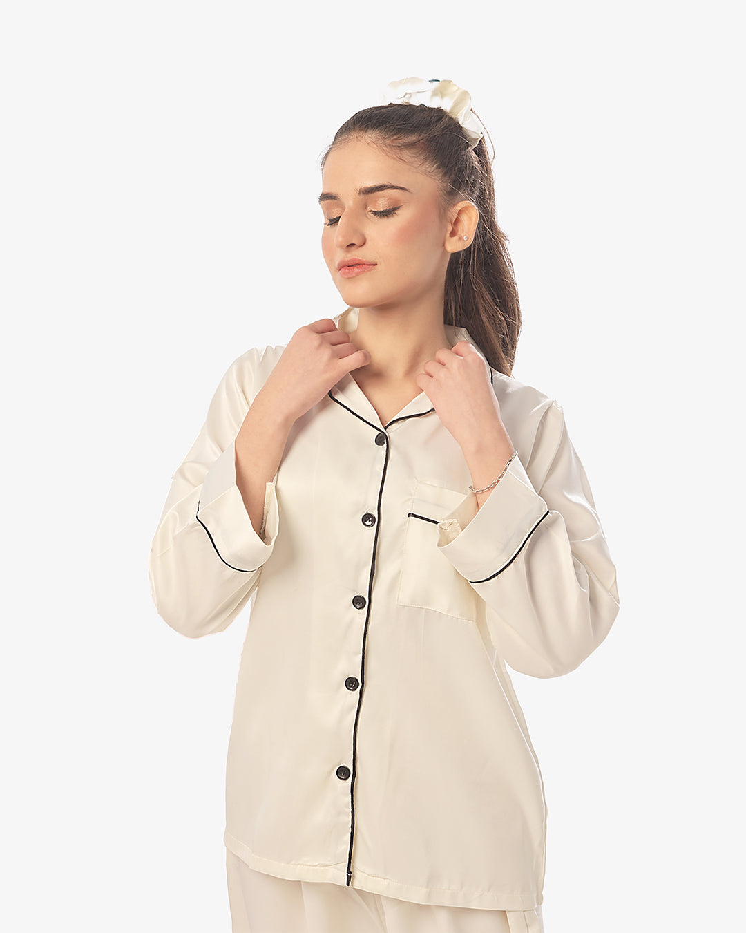 Buy Silk Pajama Suit with Scrunchie - Pearl in Pakistan