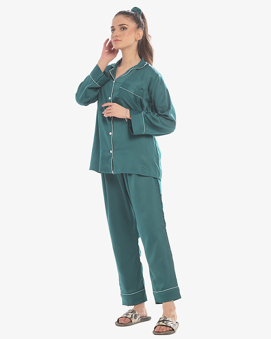 Buy Silk Pajama Suit with Scrunchie - Pearl in Pakistan