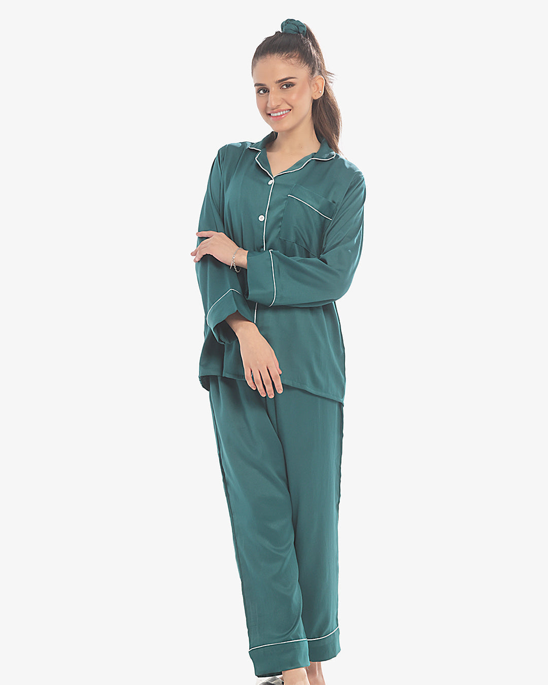 Buy Silk Pajama Suit with Scrunchie - Pearl in Pakistan