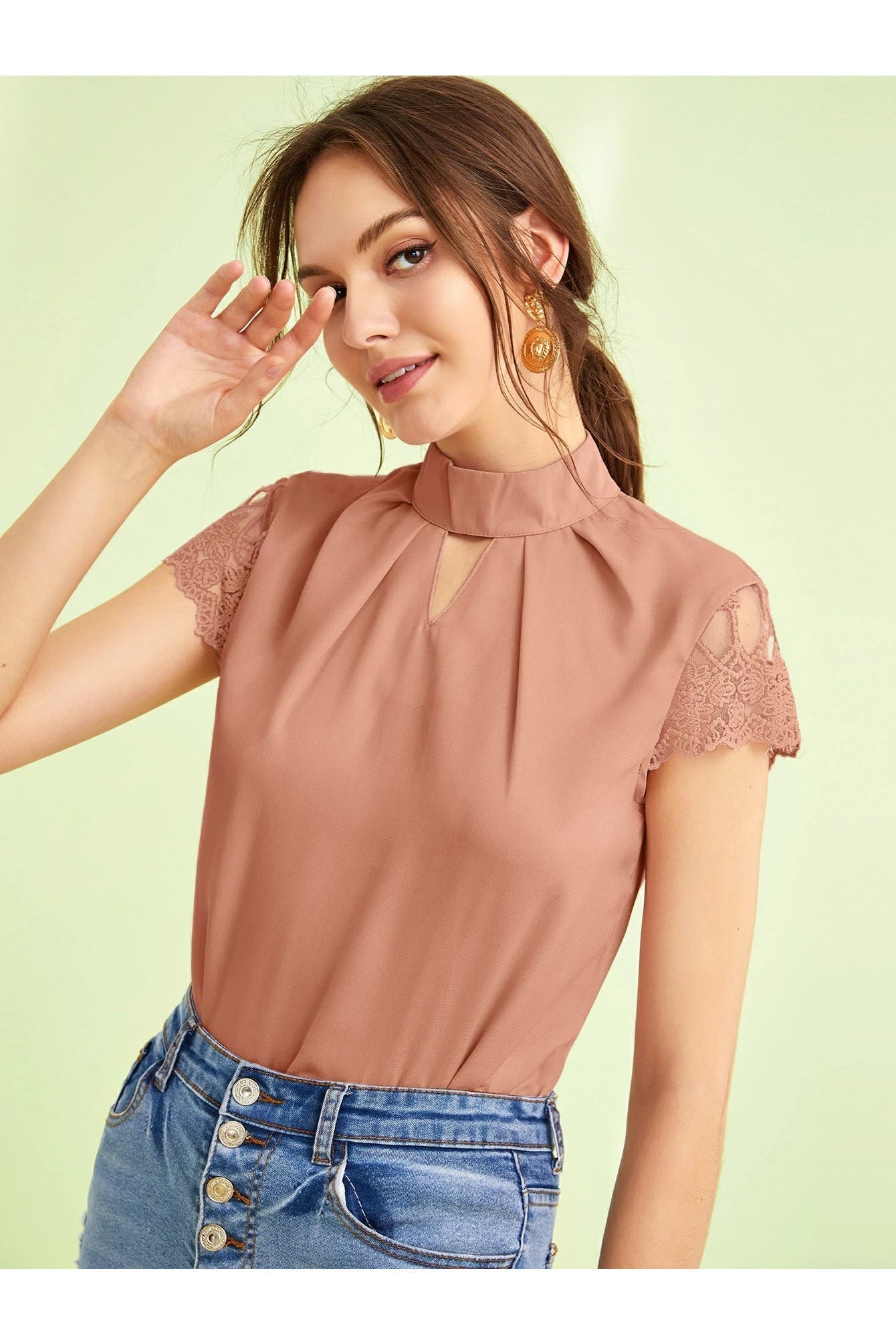 Buy SHEIN Embroidered Mesh Sleeve Keyhole Front Top in Pakistan