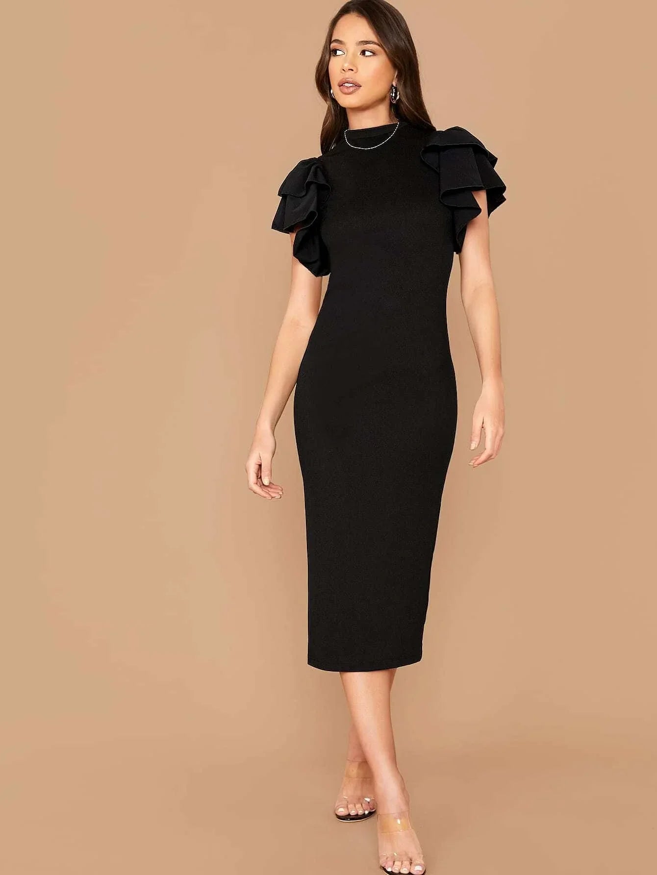 Buy SHEIN Layered Flutter Sleeve Split Back Bodycon Dress in Pakistan