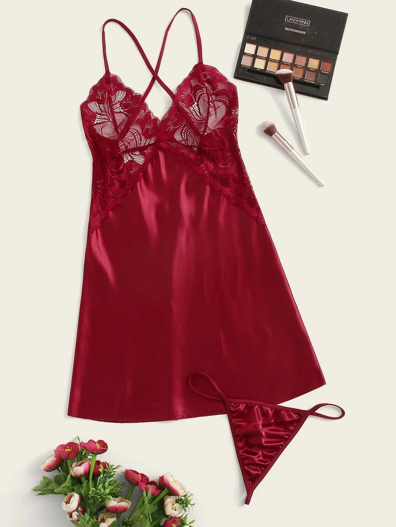 Buy Shein Contrast Lace Satin Dress With Thong in Pakistan
