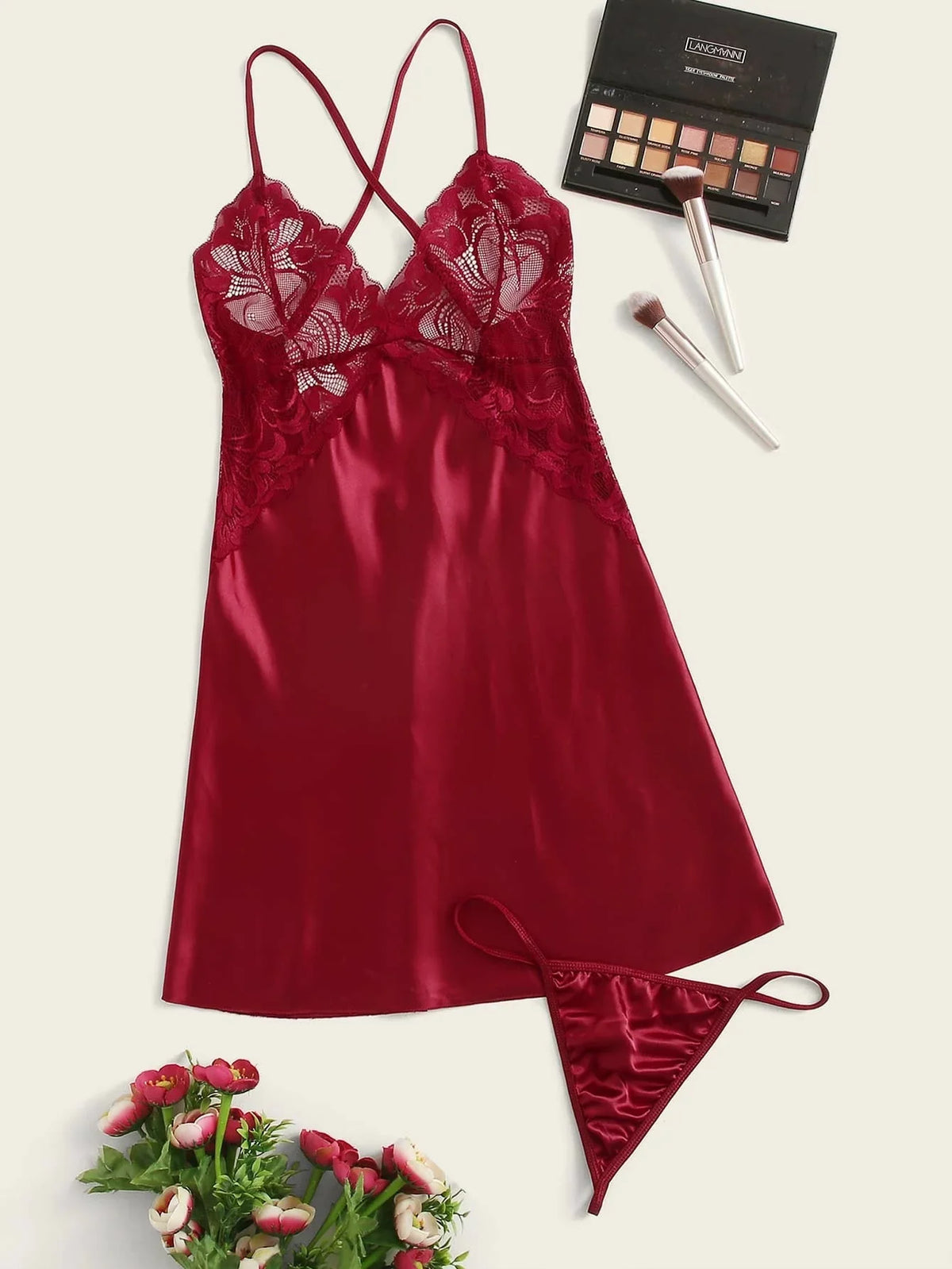 Buy Shein Contrast Lace Satin Dress With Thong in Pakistan