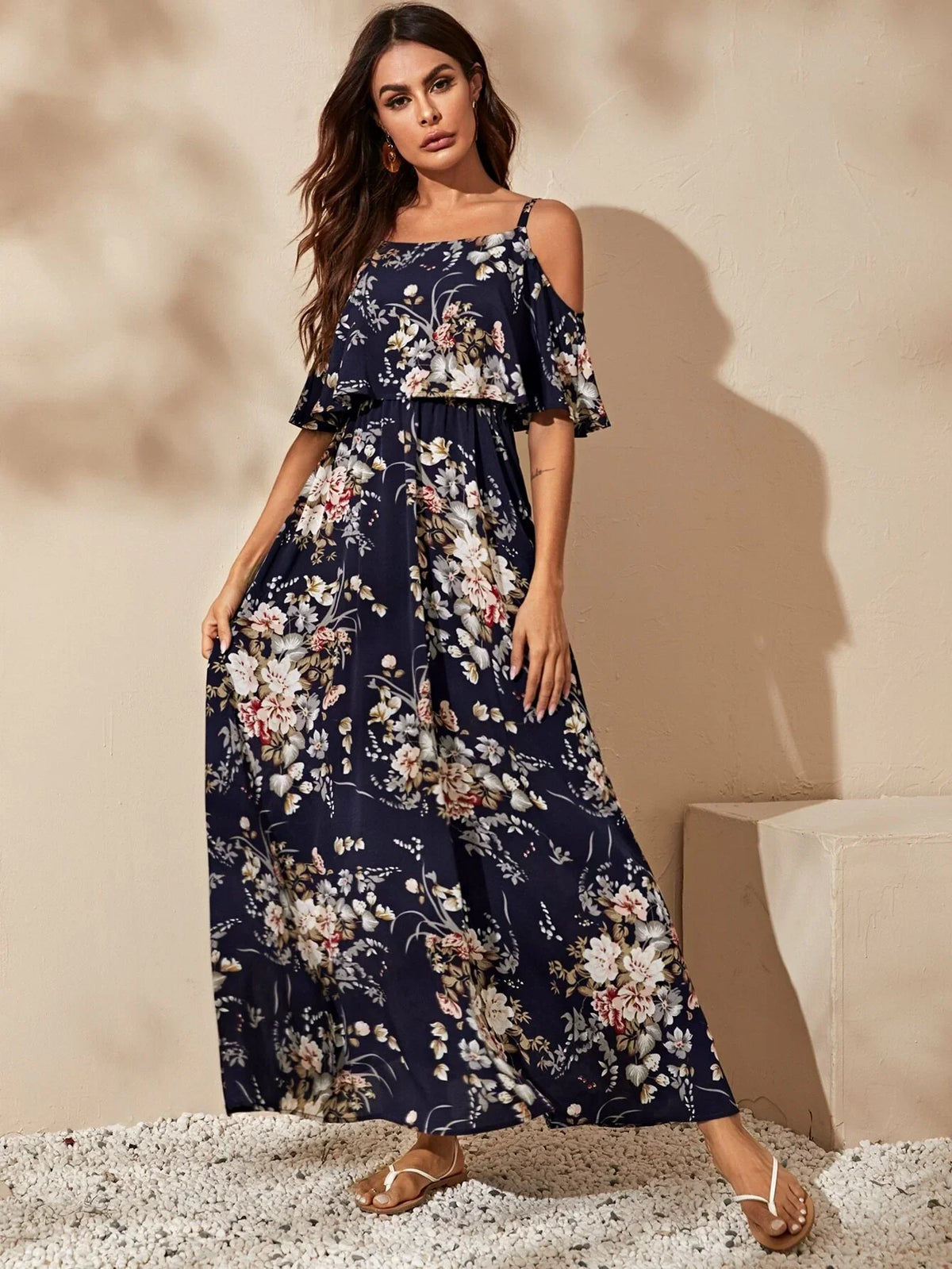 Buy SHEIN VCAY Cold Shoulder Flounce Foldover Floral Dress in Pakistan