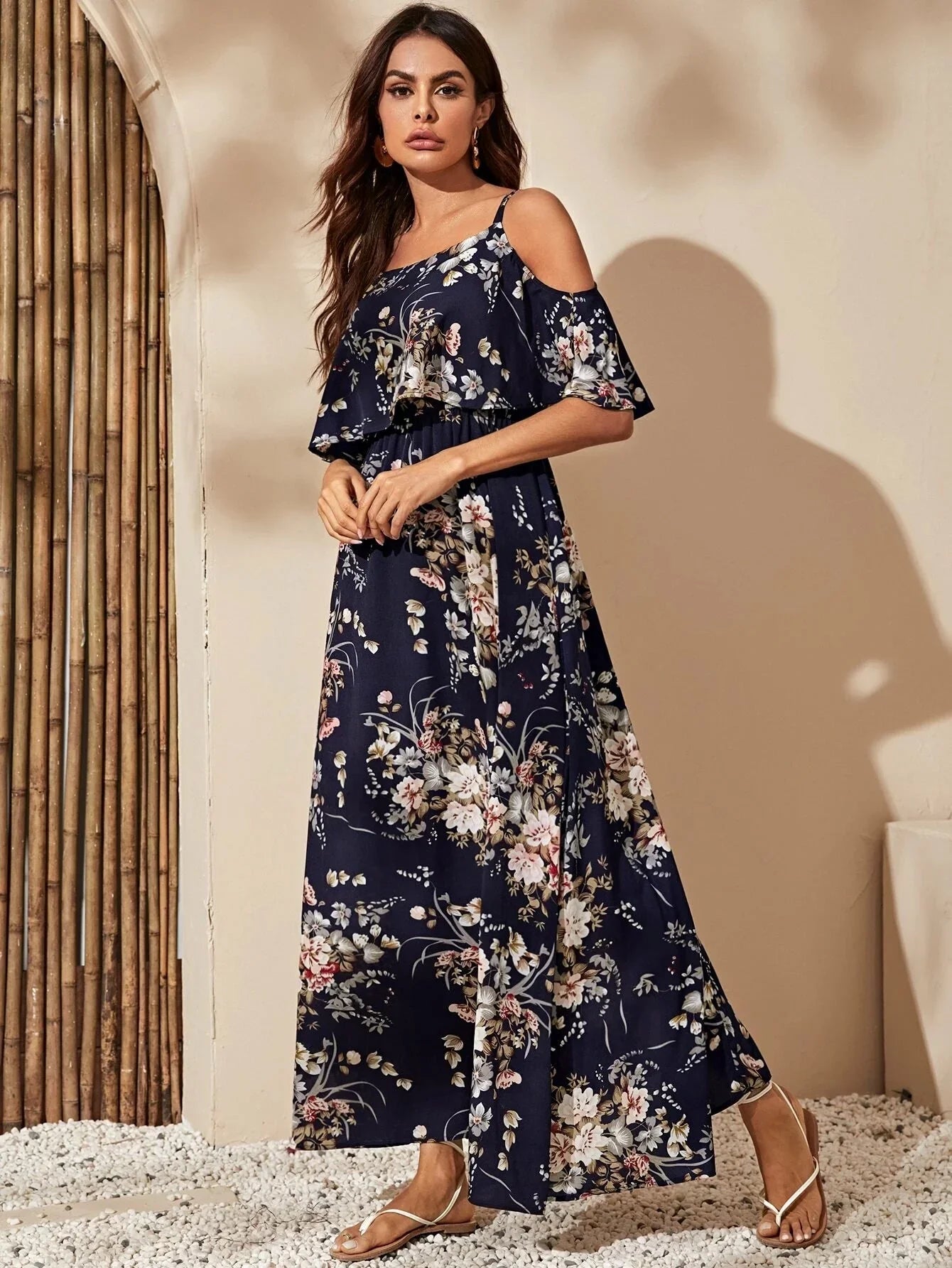 Buy SHEIN VCAY Cold Shoulder Flounce Foldover Floral Dress in Pakistan