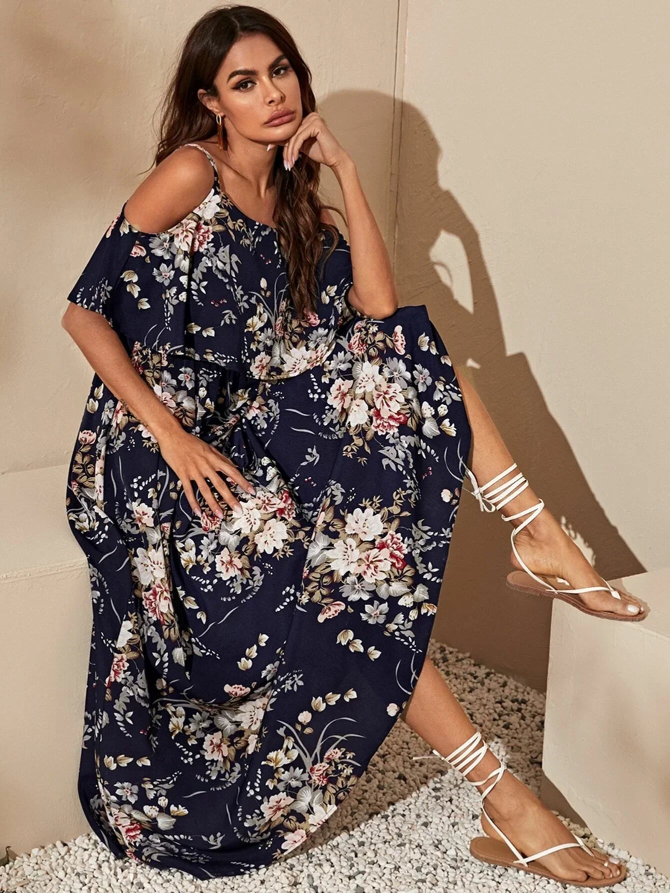 Buy SHEIN VCAY Cold Shoulder Flounce Foldover Floral Dress in Pakistan