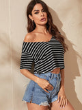 Buy SHEIN EZwear V-neck Striped Crop Tee in Pakistan