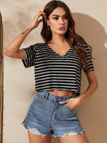 Buy SHEIN EZwear V-neck Striped Crop Tee in Pakistan
