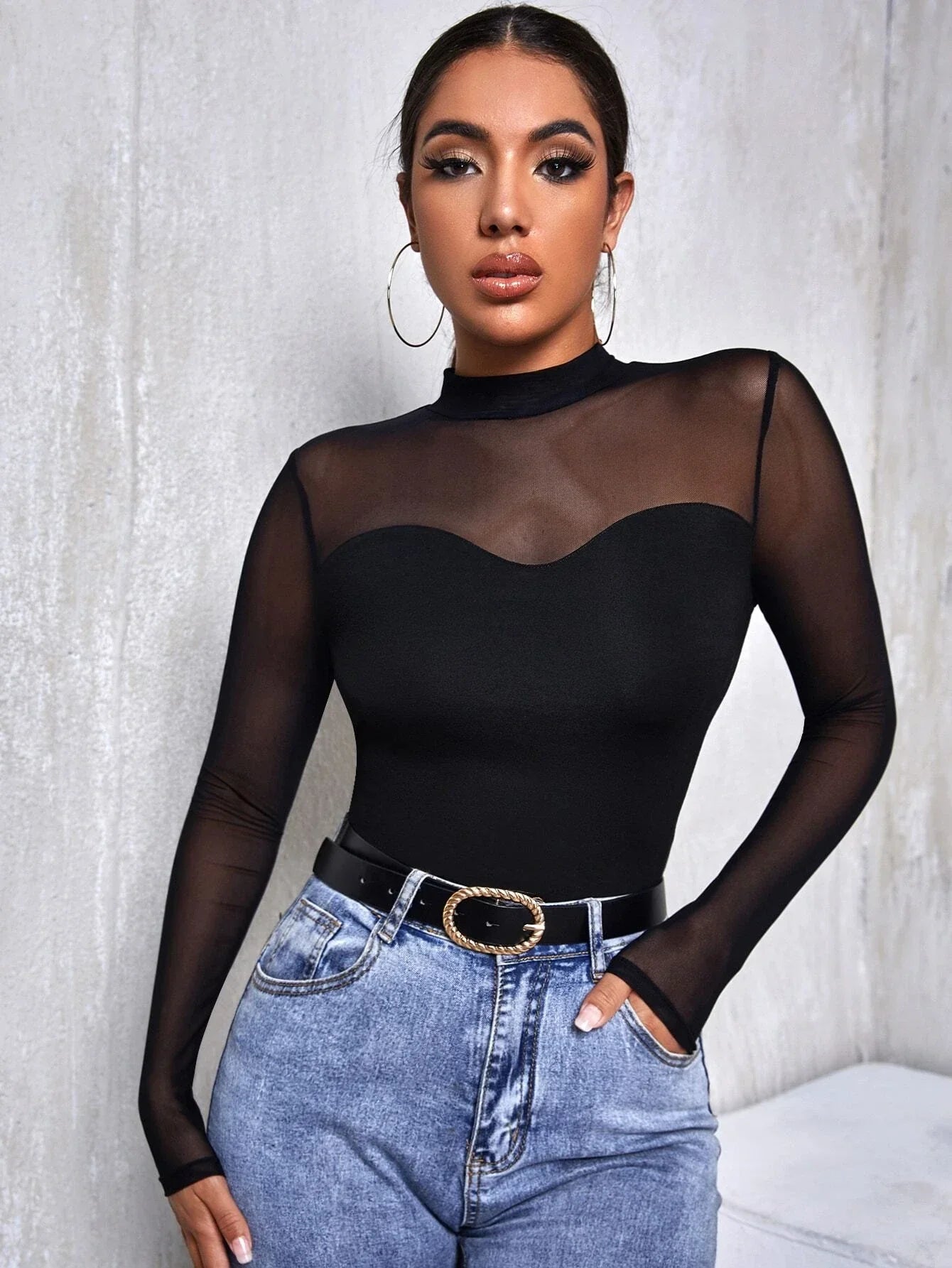 Buy SHEIN Mesh Yoke Solid Tee in Pakistan