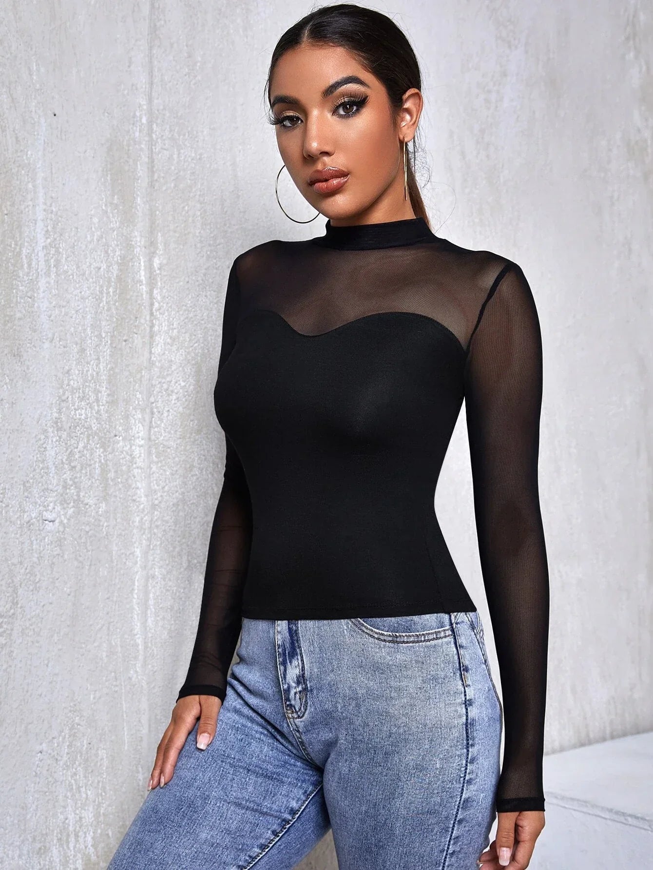 Buy SHEIN Mesh Yoke Solid Tee in Pakistan