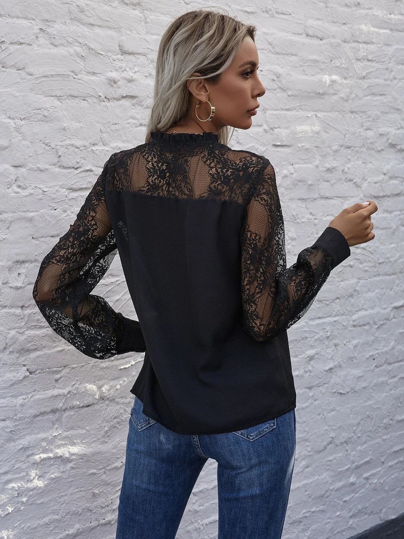 Buy SHEIN Contrast Lace Tie Neck Frill Trim Blouse in Pakistan