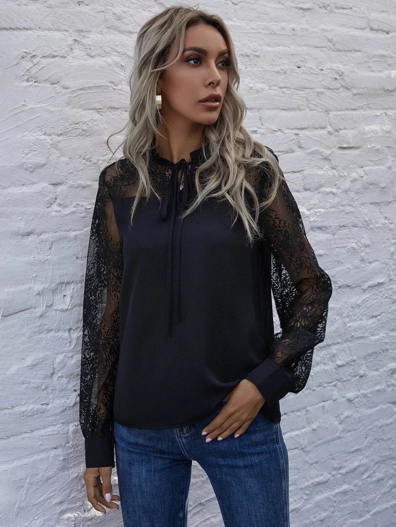 Buy SHEIN Contrast Lace Tie Neck Frill Trim Blouse in Pakistan