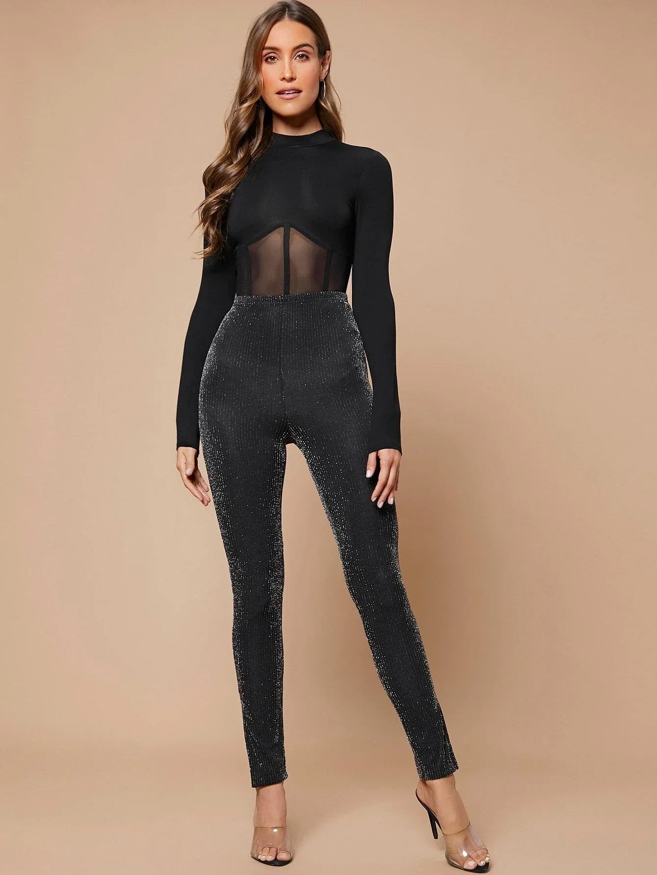 Buy SHEIN BAE Mock-neck Binding Trim Mesh Insert Tee in Pakistan