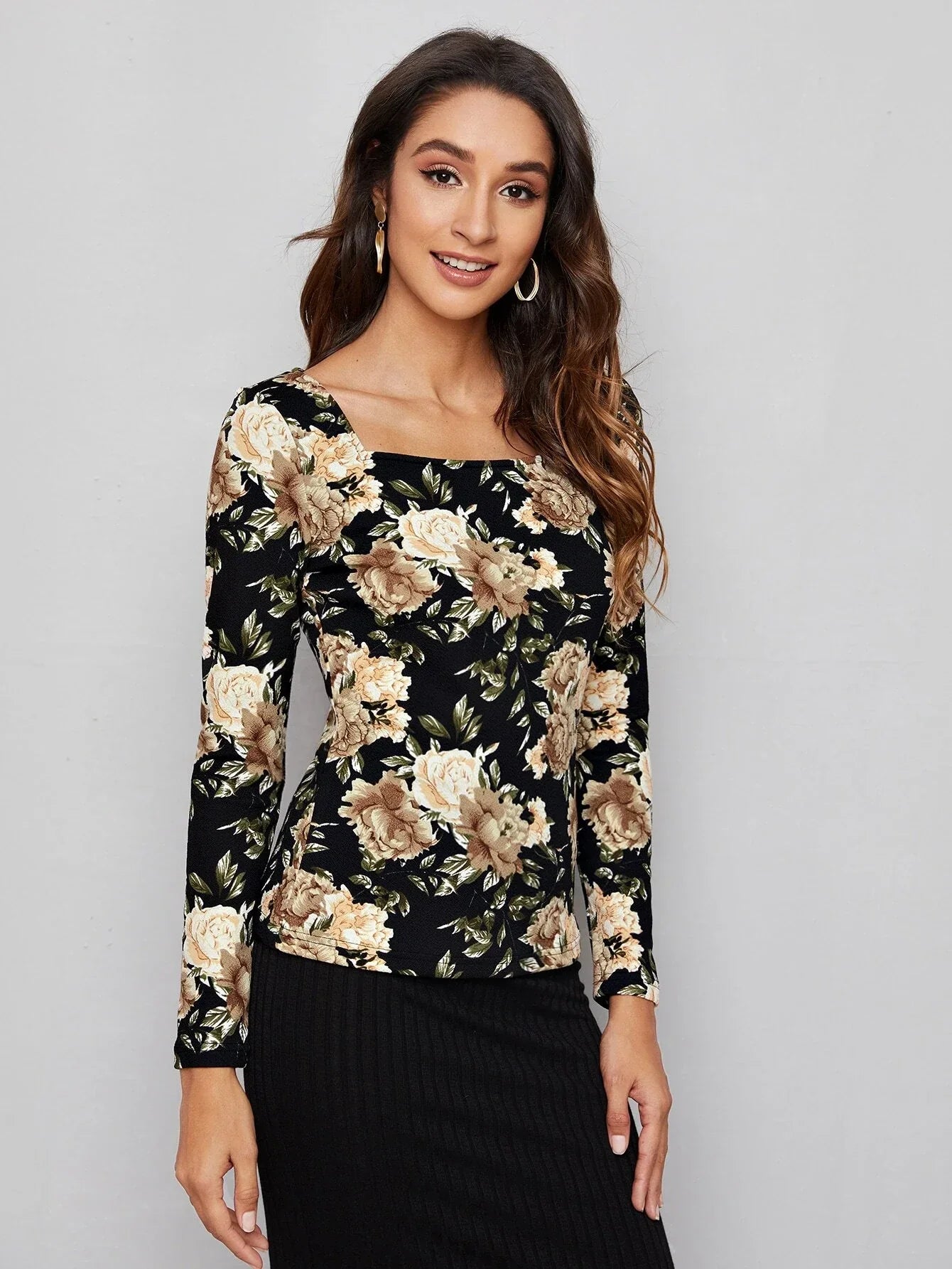 Buy Shein Emery Rose Square Neck Floral Print Tee in Pakistan