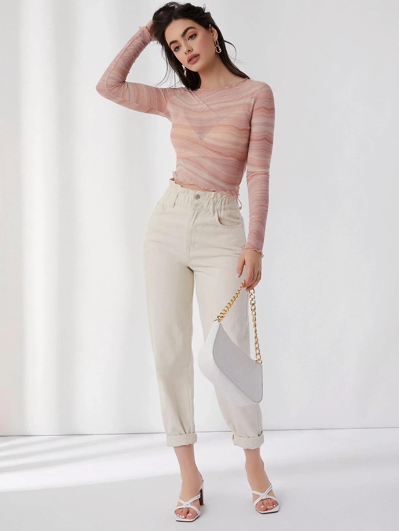 Buy SHEIN BAE Lettuce Edge Marble Mesh Top Without Bra in Pakistan