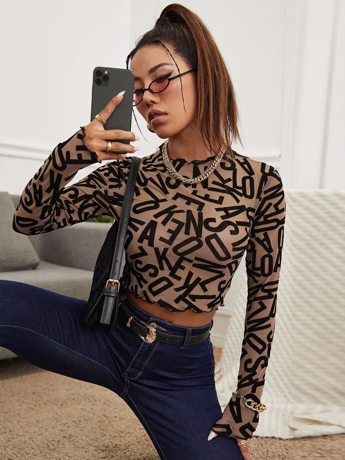 Buy Shein Unity Allover Letter Graphic Sheer Mesh Crop Top Without Bra in Pakistan