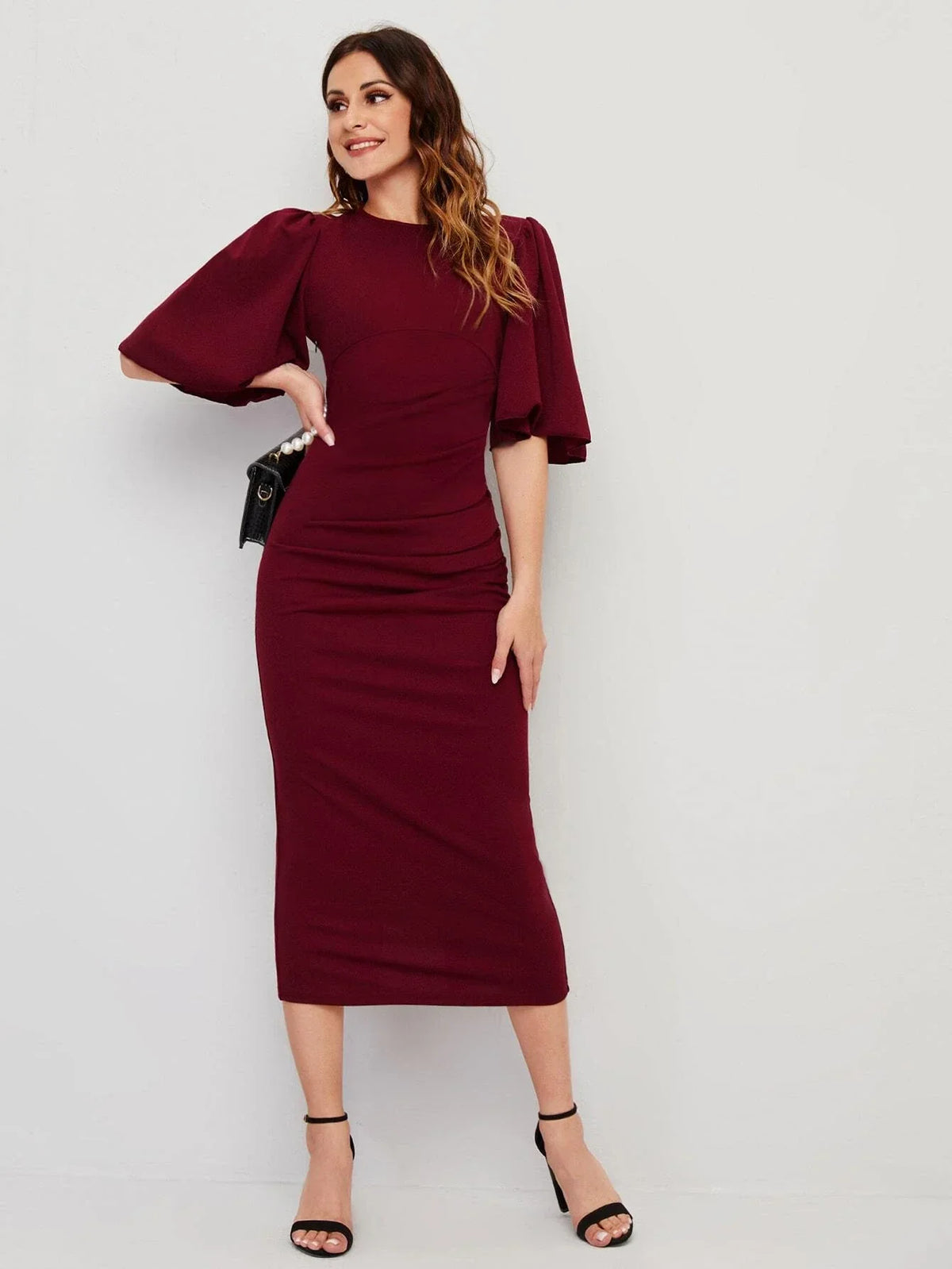 Buy Shein Modely Butterfly Sleeve Keyhole Back Split Hem Dress in Pakistan