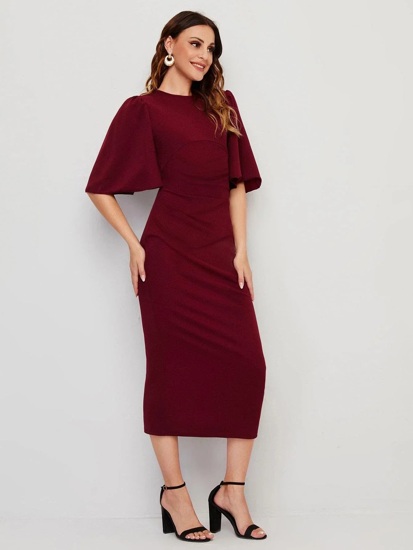 Buy Shein Modely Butterfly Sleeve Keyhole Back Split Hem Dress in Pakistan