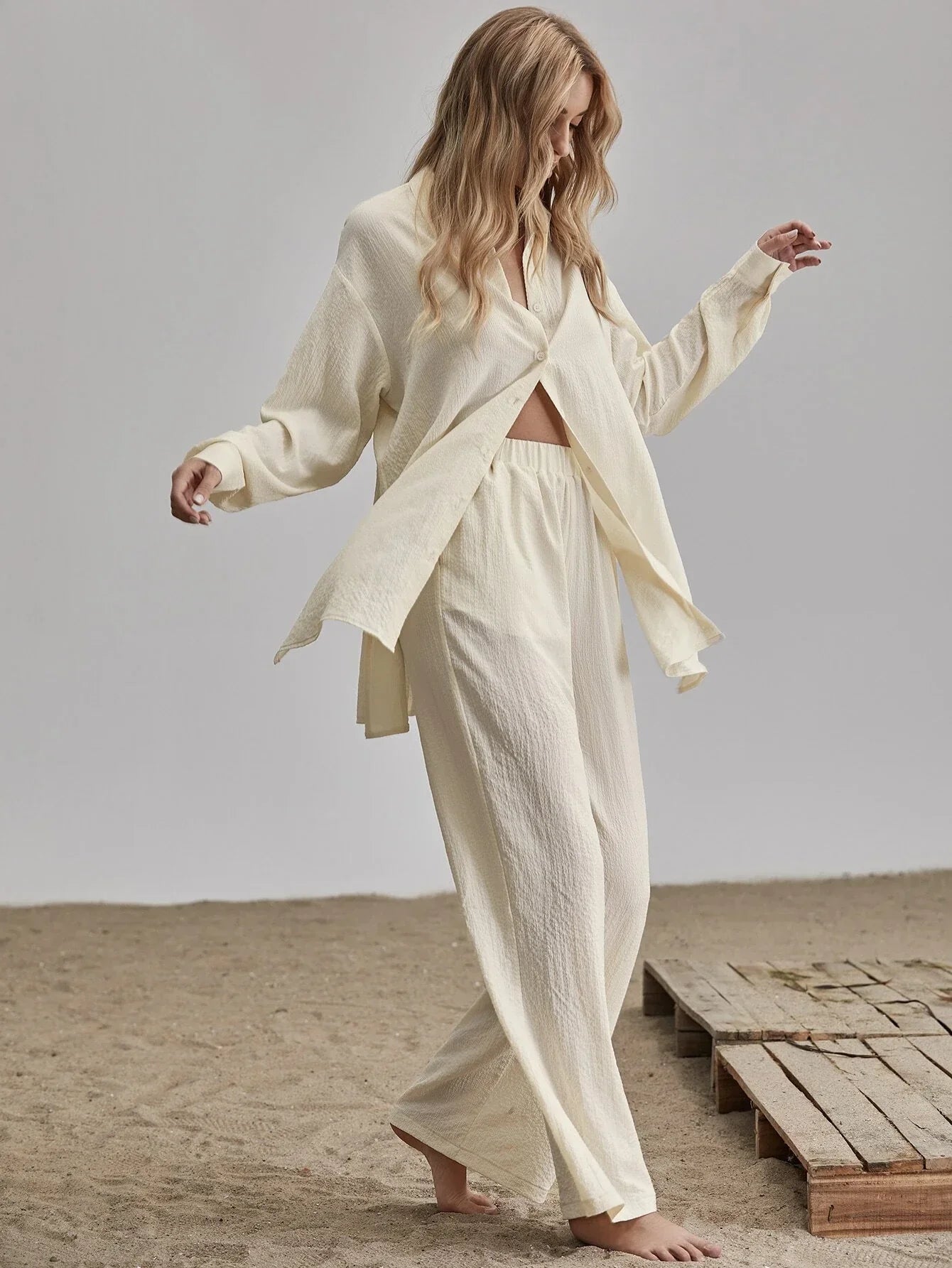 Buy SHEIN Unity Slit Hem Longline Blouse & Wide Leg Pants Set in Pakistan