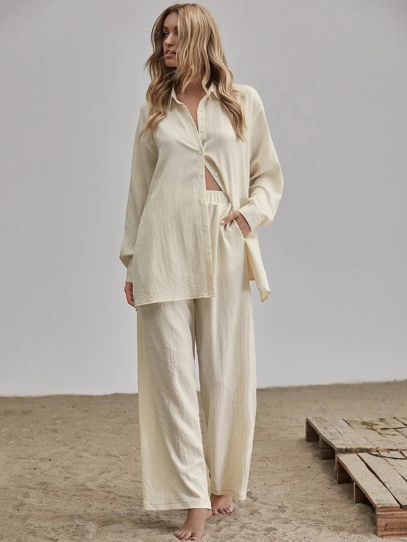 Buy SHEIN Unity Slit Hem Longline Blouse & Wide Leg Pants Set in Pakistan