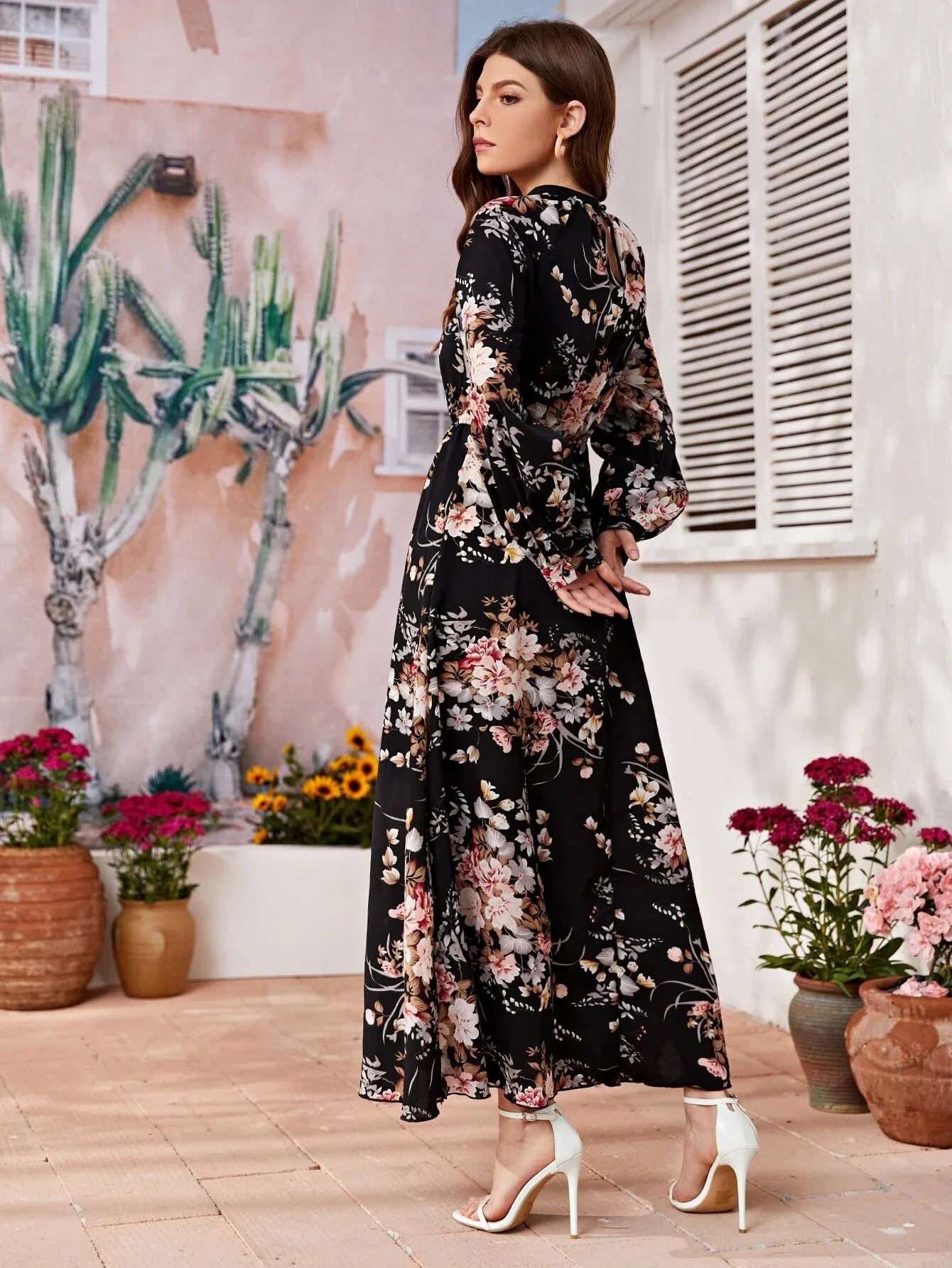 Buy Shein Allover Floral Mock Neck Keyhole Back Dress in Pakistan