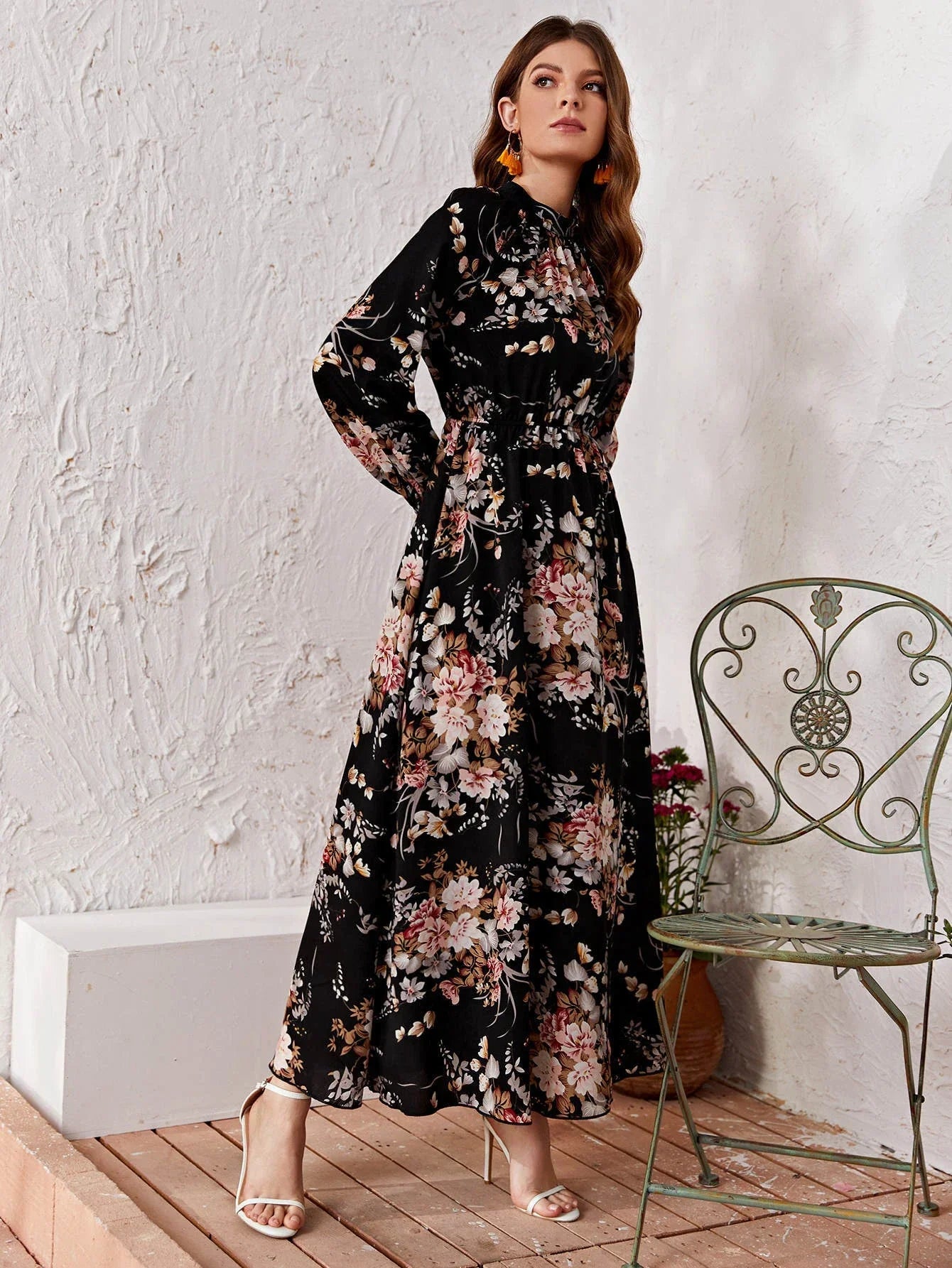 Buy Shein Allover Floral Mock Neck Keyhole Back Dress in Pakistan