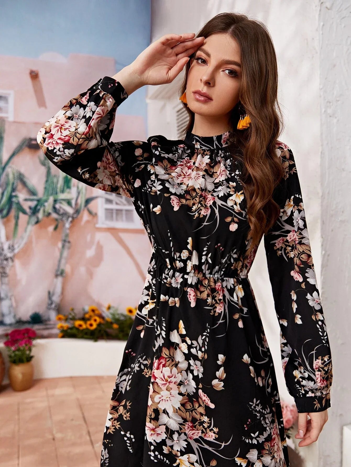 Buy Shein Allover Floral Mock Neck Keyhole Back Dress in Pakistan