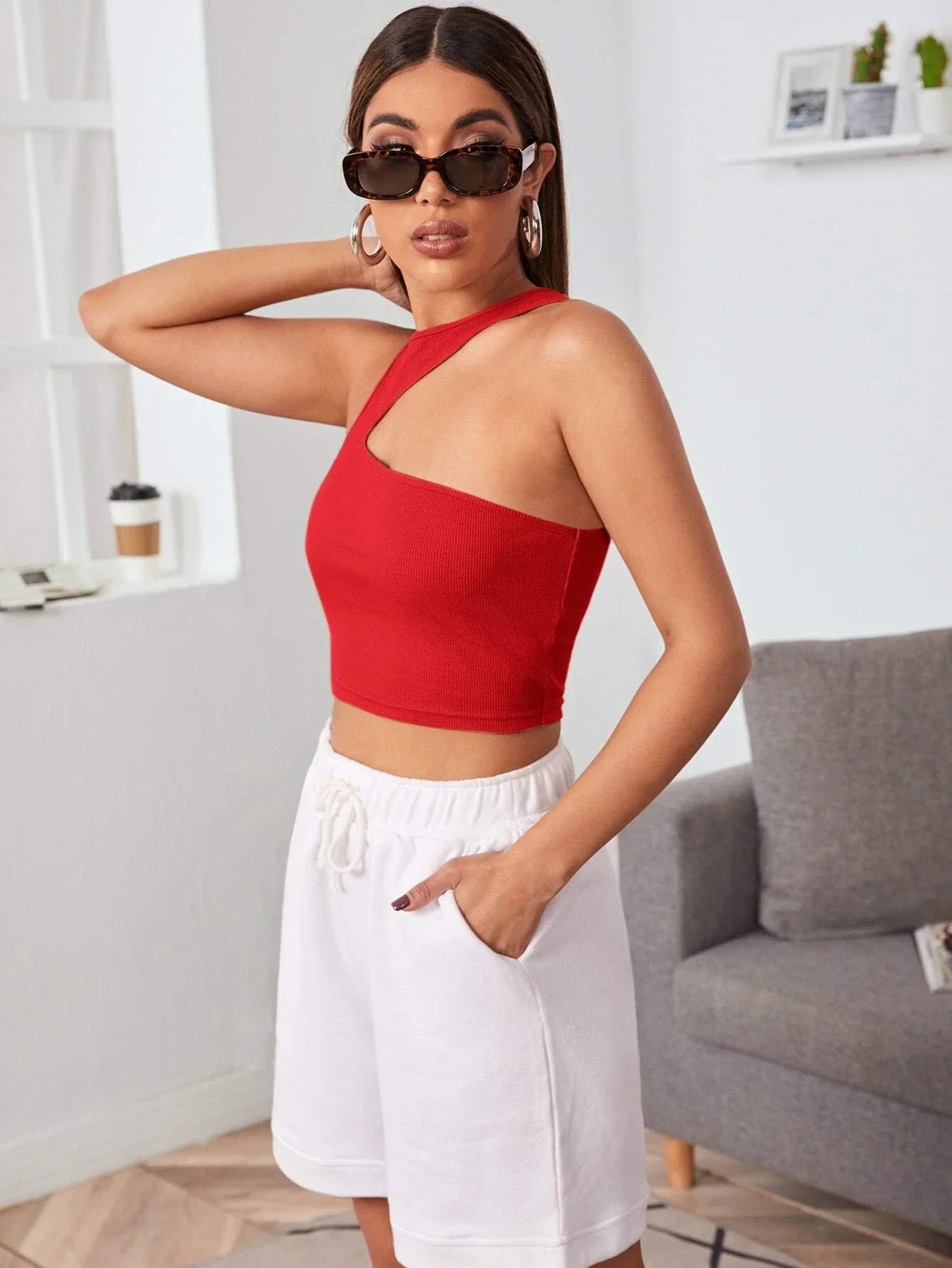Buy Shein Icon Asymmetrical Shoulder Crop Top in Pakistan