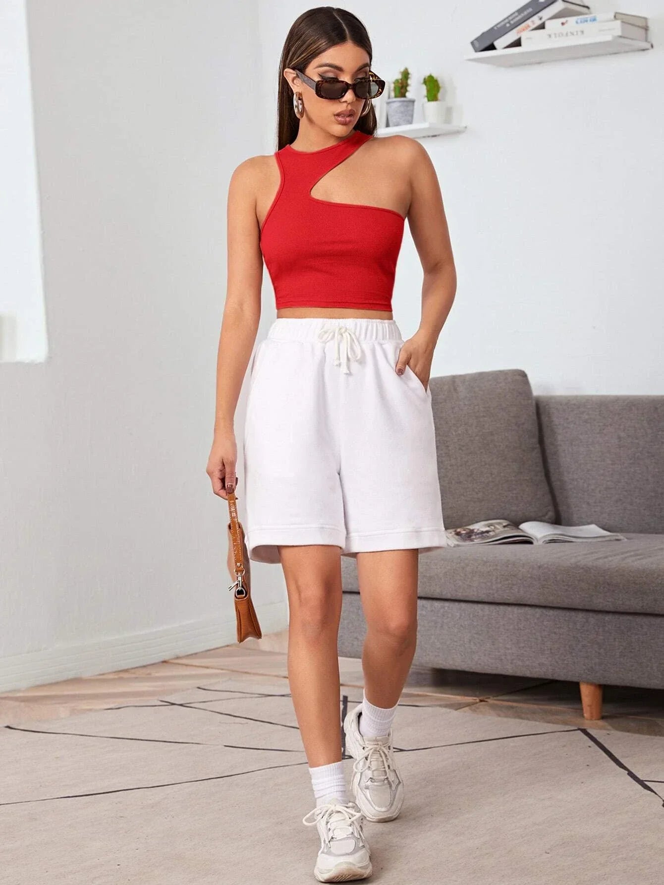Buy Shein Icon Asymmetrical Shoulder Crop Top in Pakistan