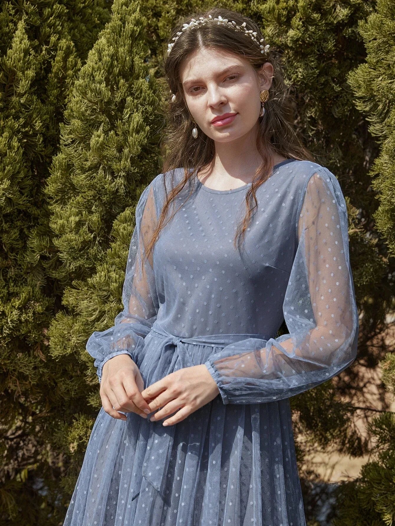 Buy SHEIN Modely Dobby Mesh Bishop Sleeve Belted Maxi Dress in Pakistan