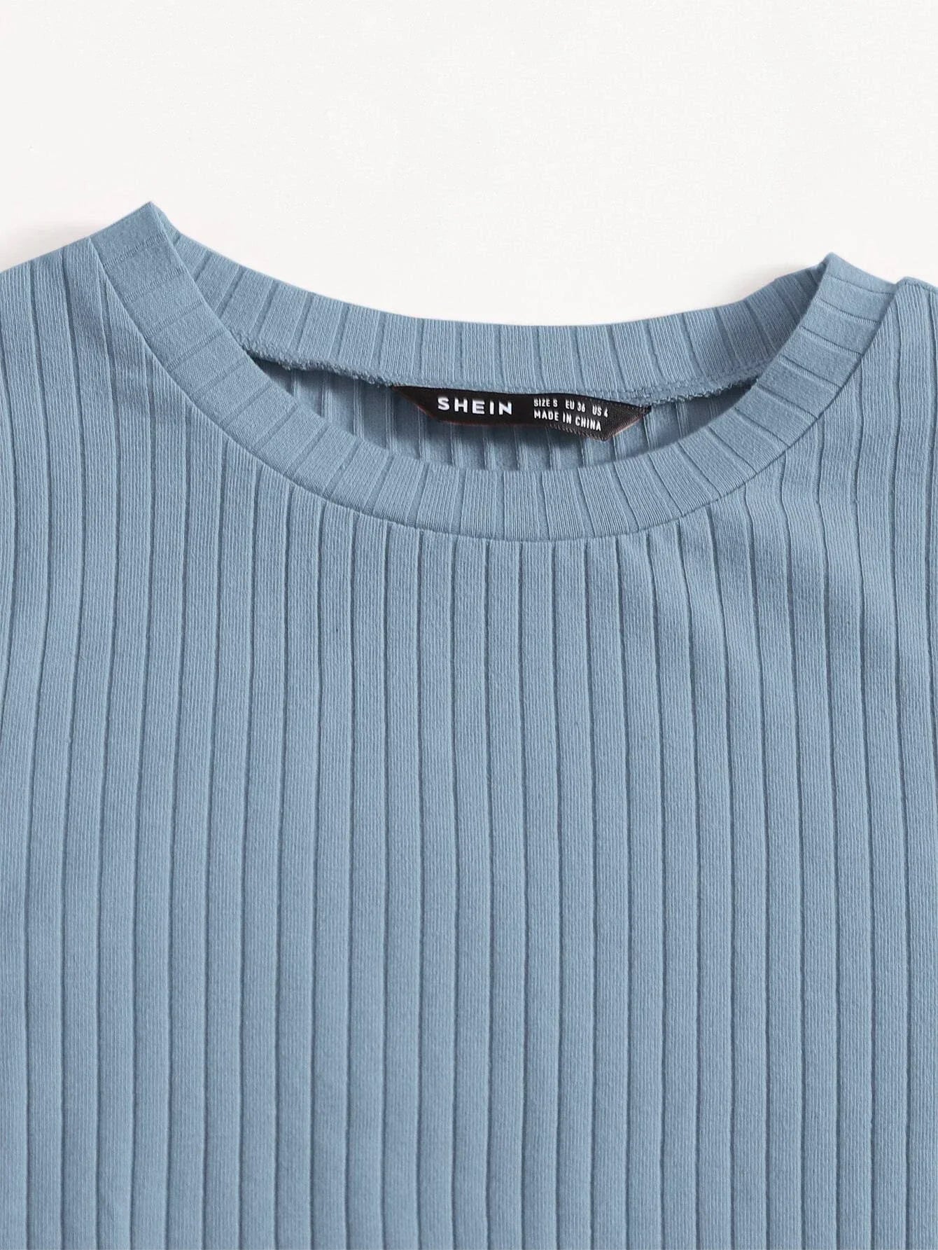 Buy SHEIN Qutie Solid Lettuce Trim Rib-knit Tee in Pakistan