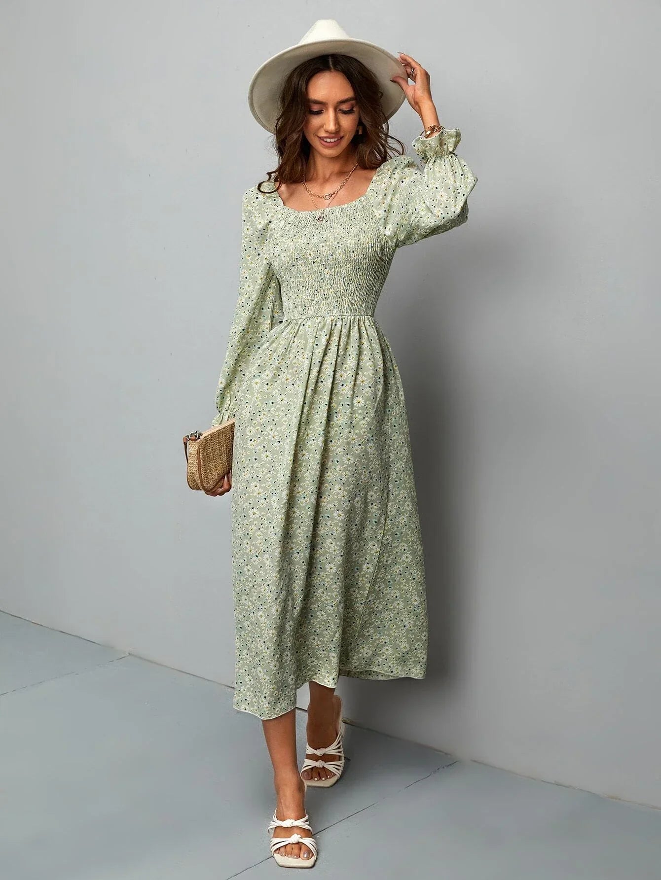Buy SHEIN VCAY Ditsy Floral Shirred Flounce Sleeve A-line Dress in Pakistan