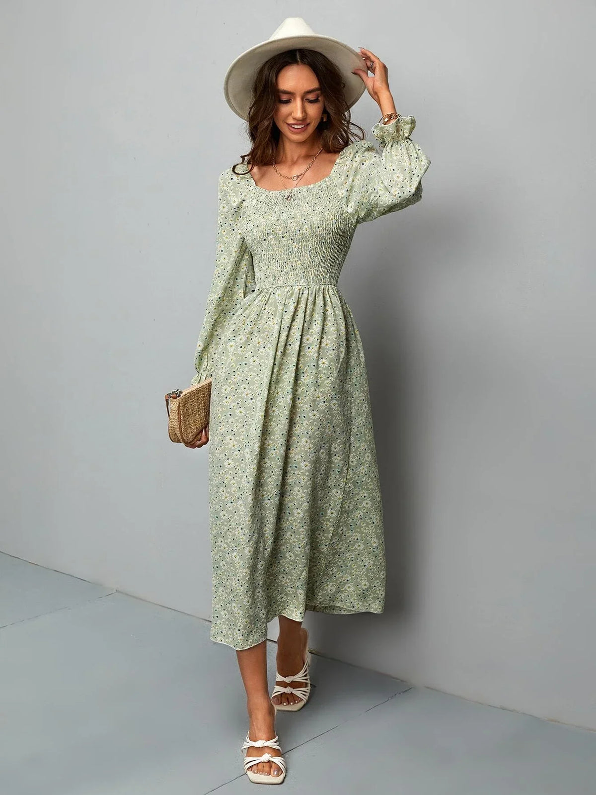 Buy SHEIN VCAY Ditsy Floral Shirred Flounce Sleeve A-line Dress in Pakistan
