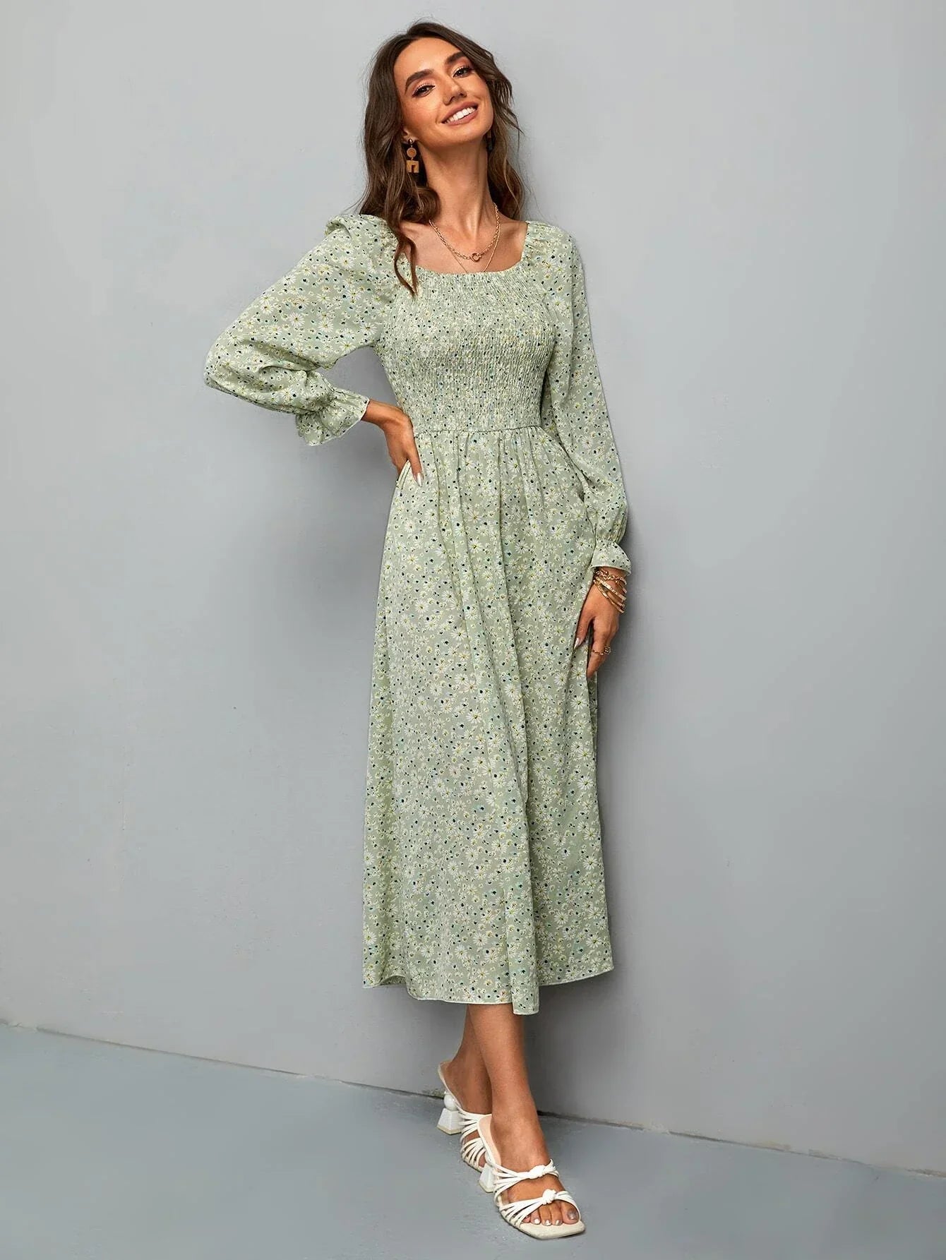 Buy SHEIN VCAY Ditsy Floral Shirred Flounce Sleeve A-line Dress in Pakistan