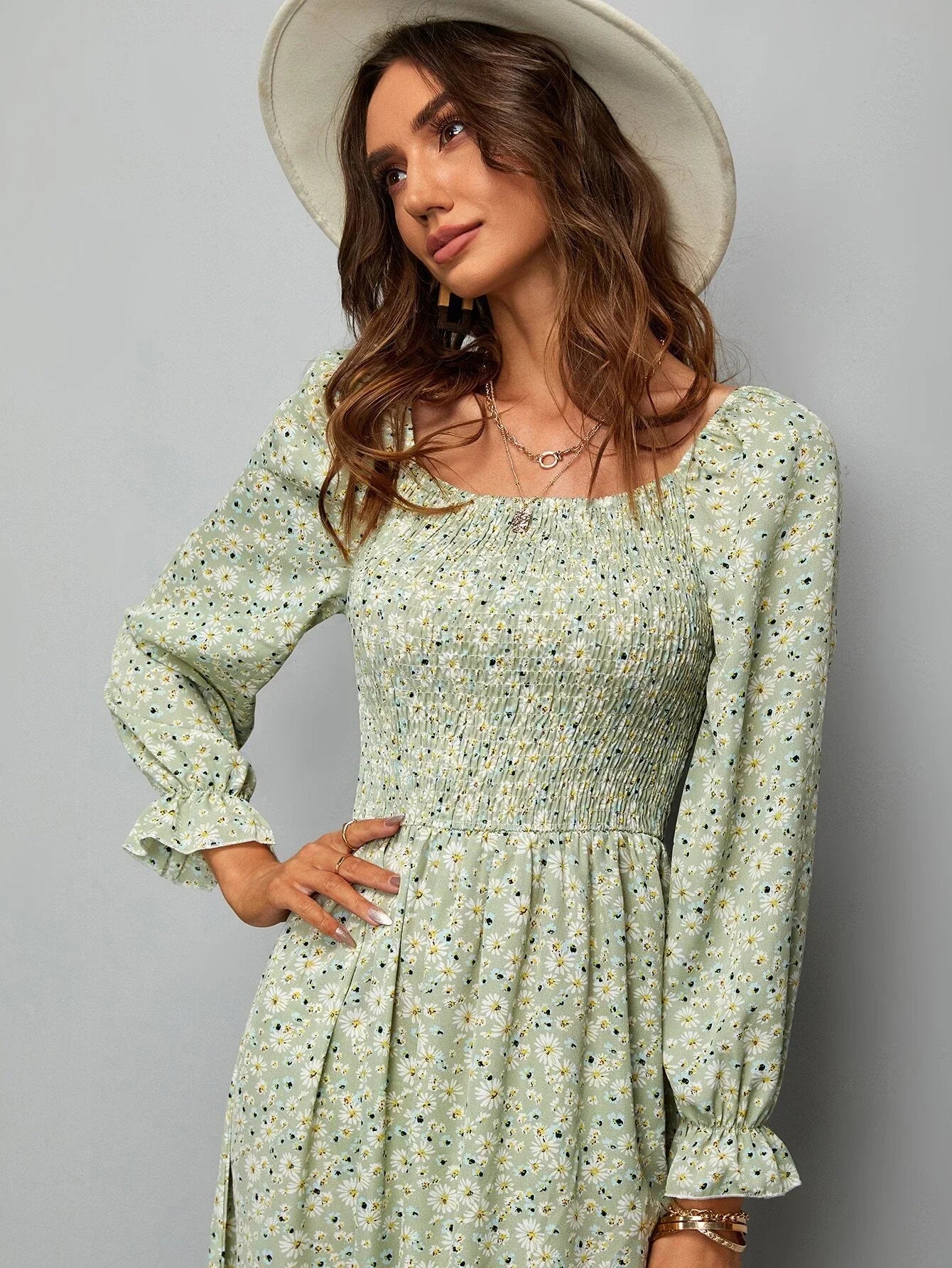 Buy SHEIN VCAY Ditsy Floral Shirred Flounce Sleeve A-line Dress in Pakistan