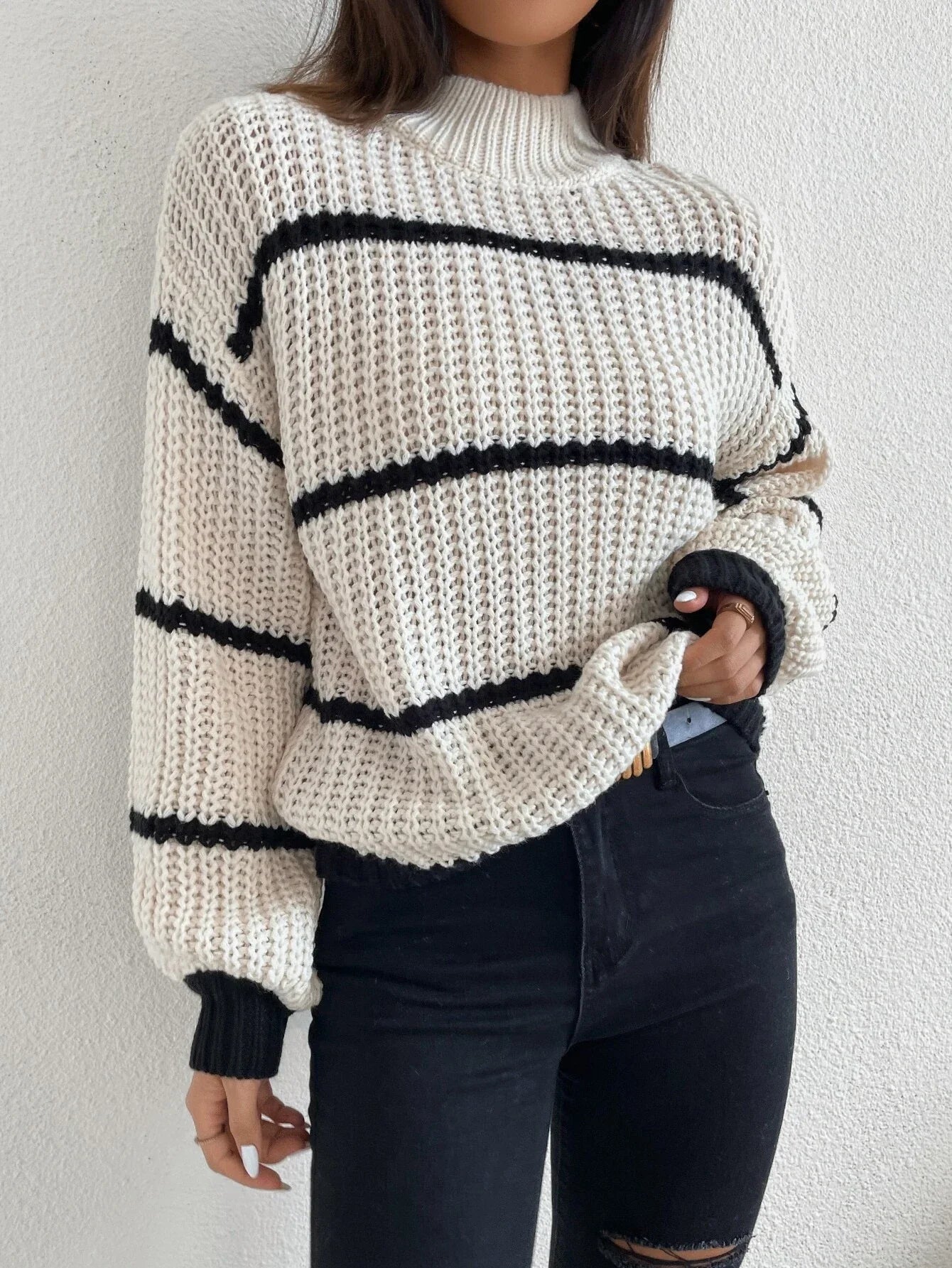 Buy SHEIN Striped Mock Neck Drop Shoulder Sweater in Pakistan