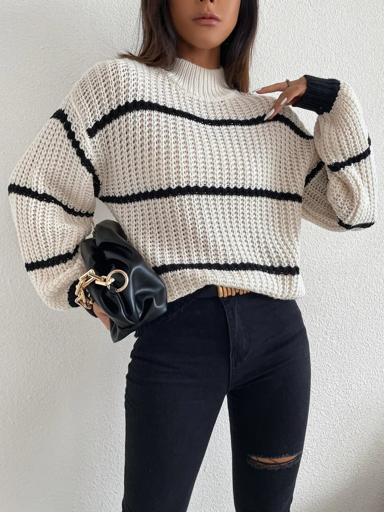 Buy SHEIN Striped Mock Neck Drop Shoulder Sweater in Pakistan