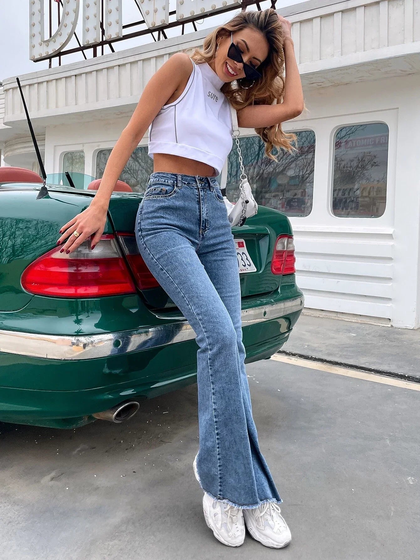 Buy Shein High Rise Raw Hem Flare Jeans in Pakistan