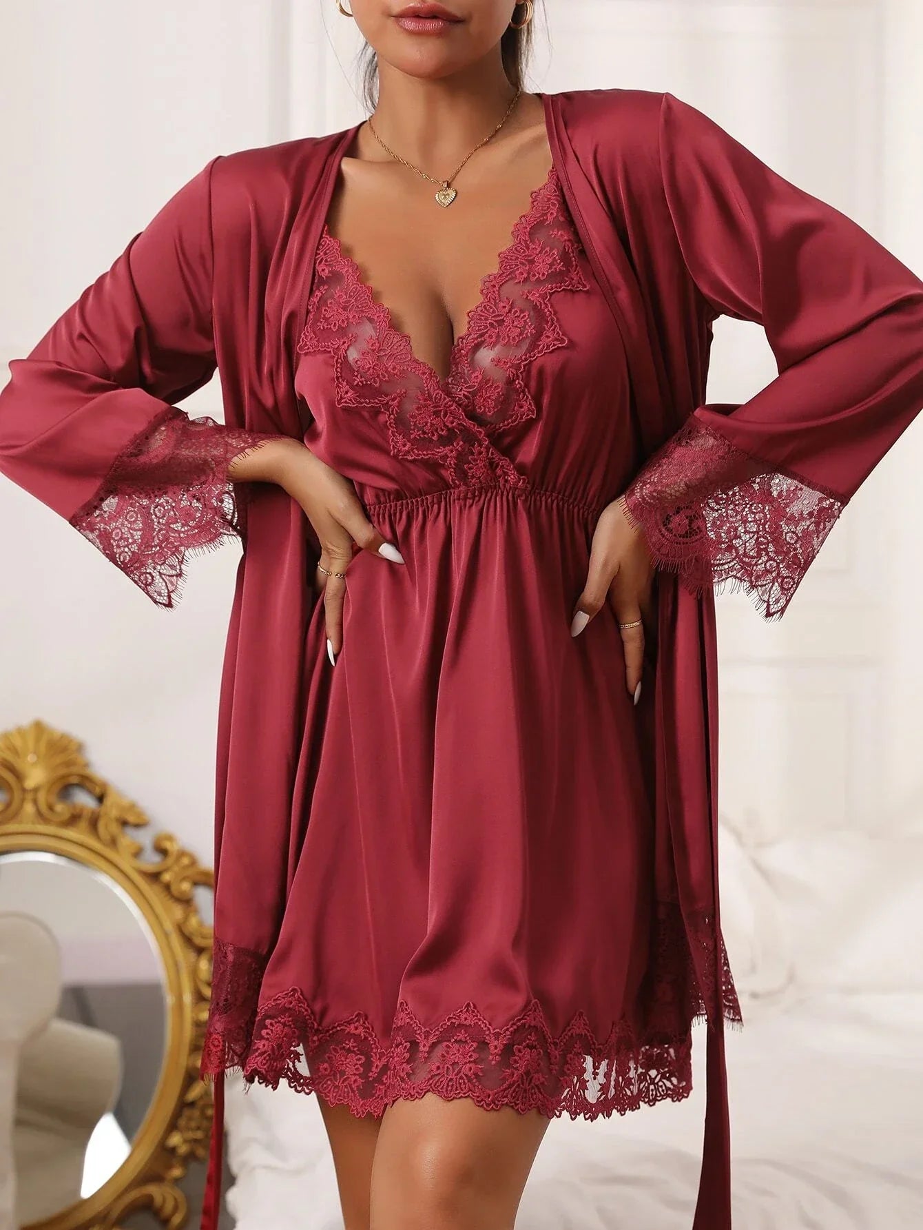 Buy SHEIN Embroidered Mesh Trim Satin Slips With Belted Robe in Pakistan