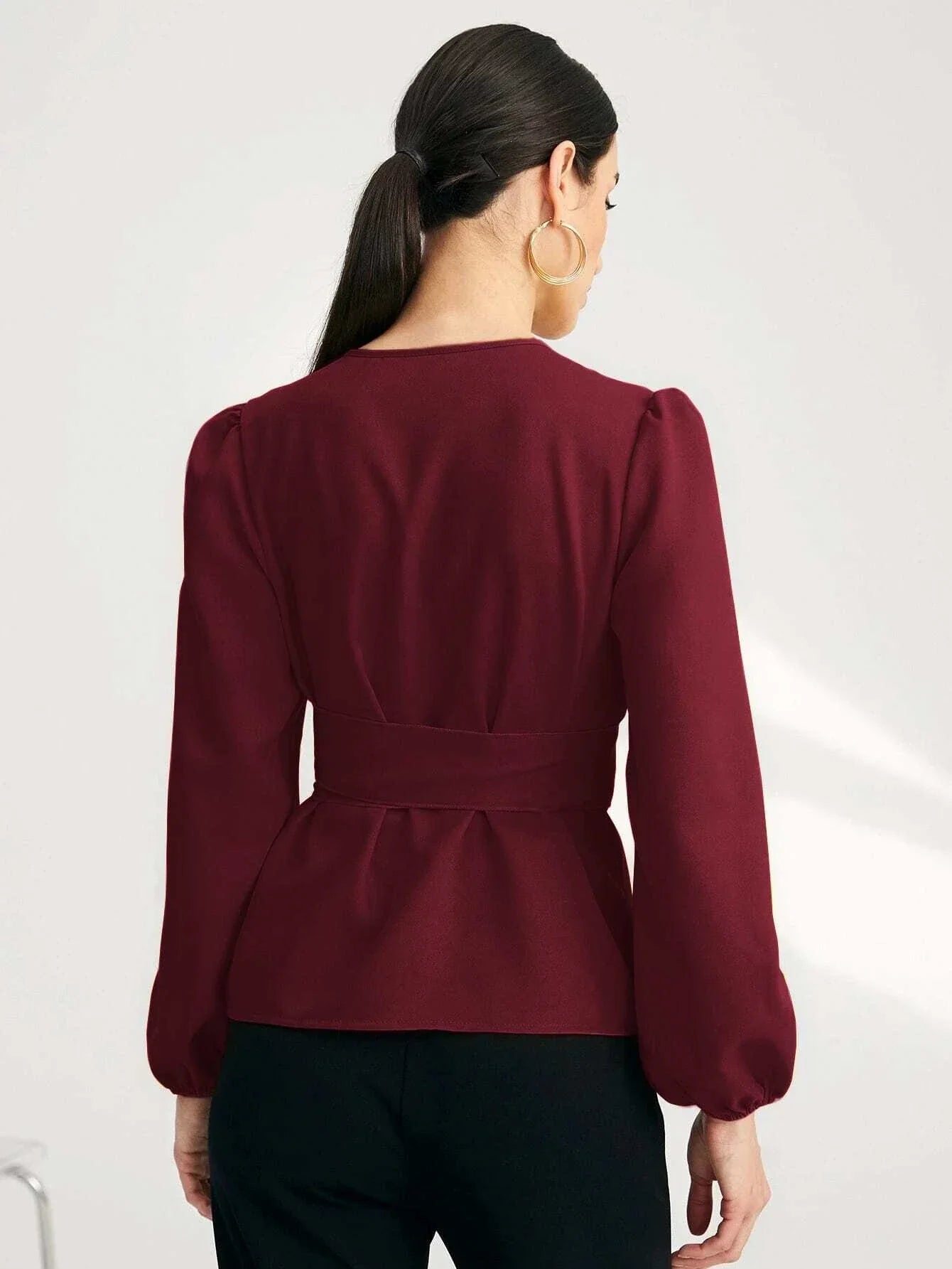 Buy Shein Solid Surplice Front Belted Blouse in Pakistan