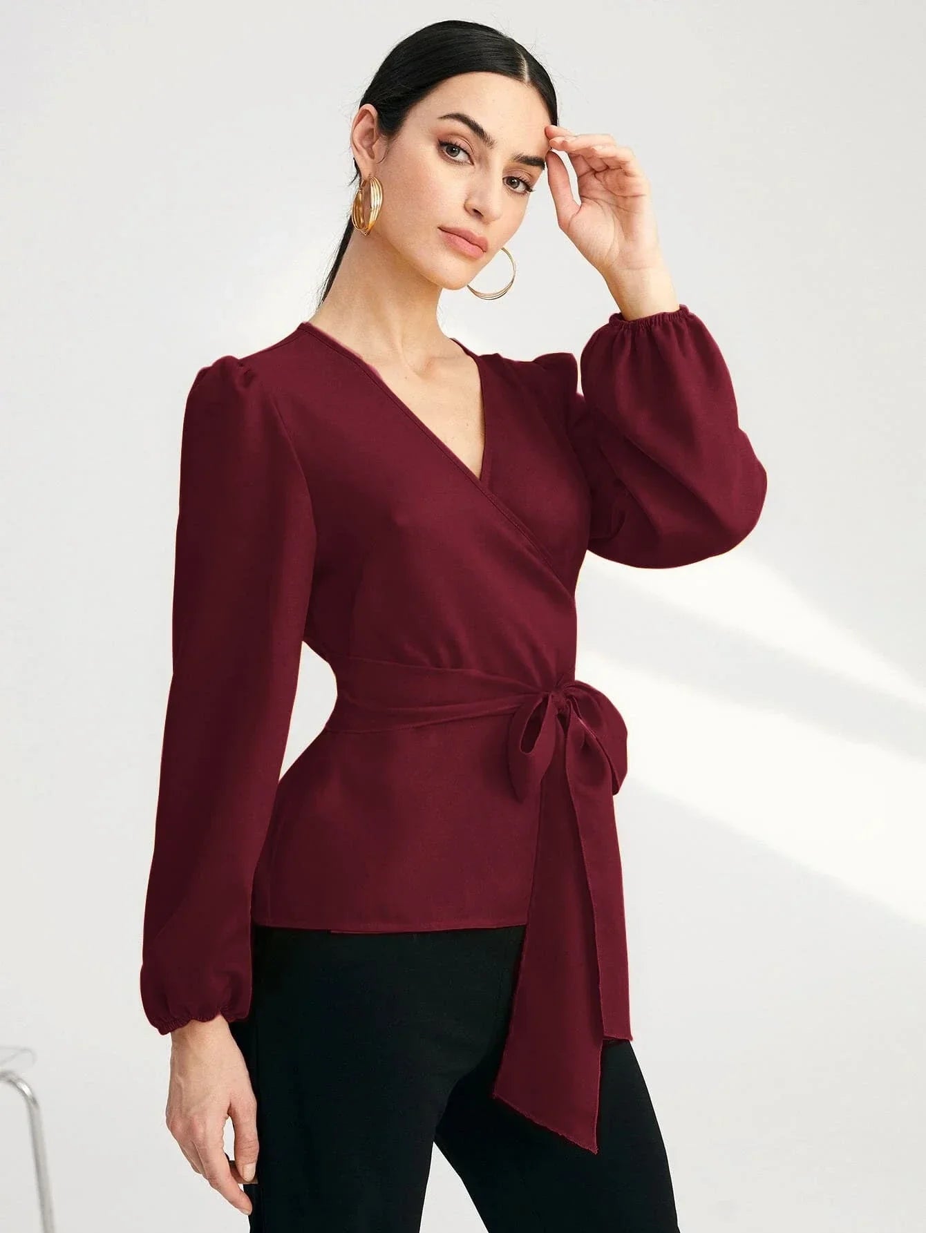 Buy Shein Solid Surplice Front Belted Blouse in Pakistan