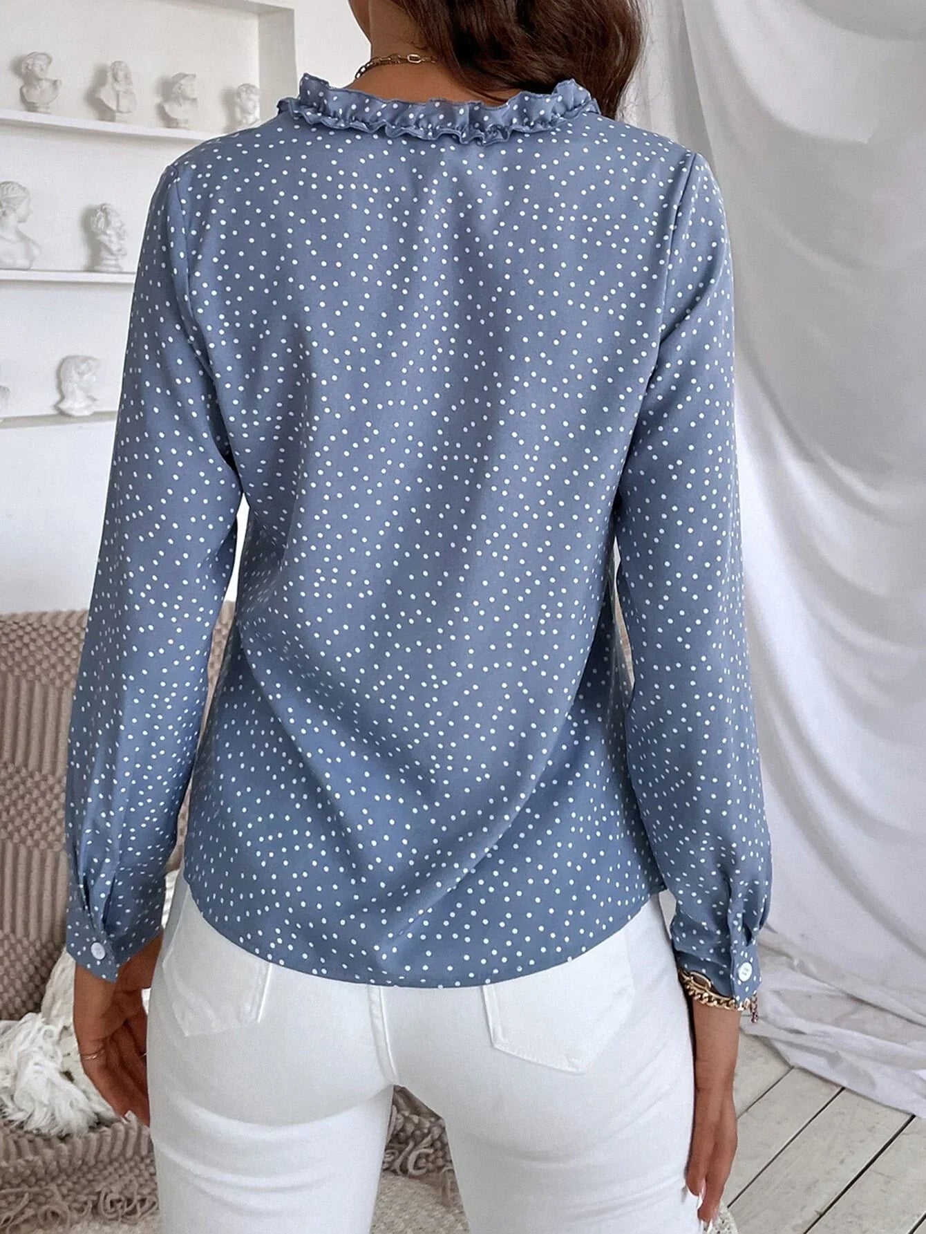 Buy SHEIN Frenchy Polka Dot Ruffle Trim Blouse in Pakistan